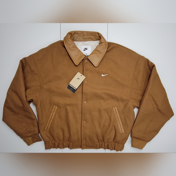 Nike Solo Swoosh Wool Varsity Jacket Leather Brown FZ1168-281 Men’s Sz Small NEW